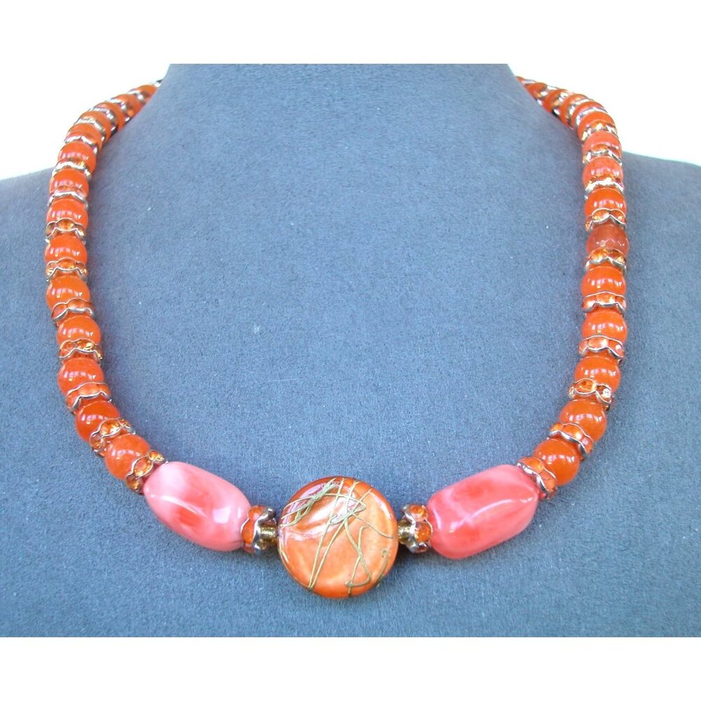 Handcrafted Orange & Pink Beaded Necklace 17" Lobster Clasp